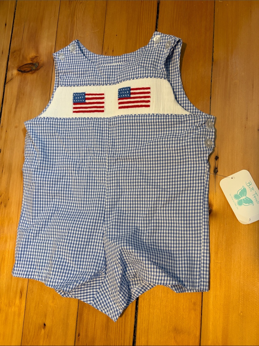 NWT Smocked 12M adorable Gingham American flag Shortall Romper Betti Terrell